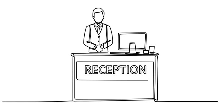 Continuous one line drawing of a male receptionist standing behind a front office desk with a computer monitor in a professional business hotel lobby Vector, illustration