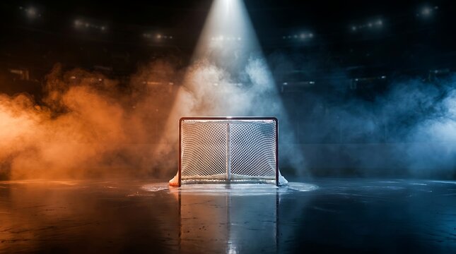 Hockey goal net illuminated by stadium lights with orange and blue smoke in a dramatic atmosphere