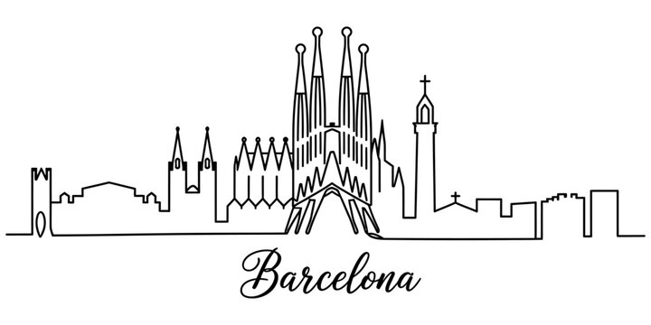 Barcelona city skyline silhouette drawing with continuous single line art style featuring famous sagrada familia architecture and urban building landmarks Vector, illustration
