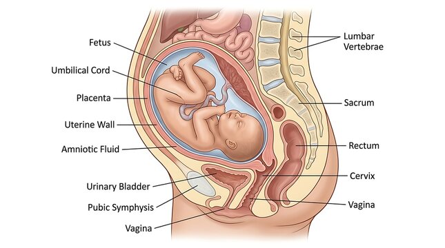 Medical illustration of human fetal development and anatomy in the uterus