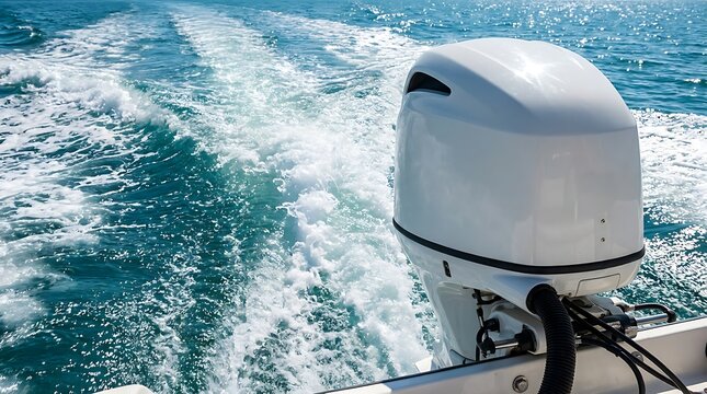 White outboard boat motor operating in turquoise blue ocean water leaving foamy white wake trails on sunny clear day.