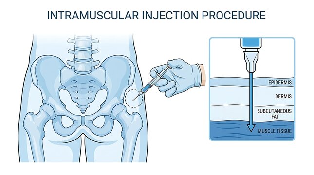 Medical illustration of intramuscular gluteal injection site and technique