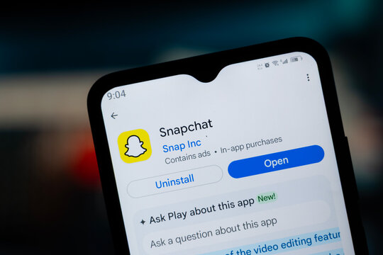 Dhaka, Bangladesh - 29 April, 2026: SnapChat app page on Google Play Store on a smartphone screen.