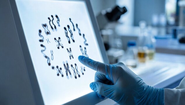 Scientist examining a detailed chromosome karyotype display on a computer screen in a modern laboratory, focusing on genetic research and diagnostic molecular biology analysis