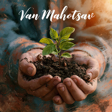 Van Mahotsav tree planting festival concept. Artistic gouache painting of hands holding dark soil with a young green sapling. Nature conservation and environmental protection illustration,