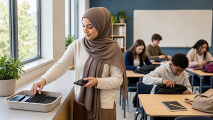 Obraz premium School Phone Ban Arab young woman inside classroom