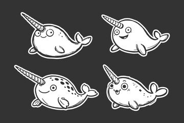 Narwhal sticker set featuring cute cartoon characters with horns in a hand drawn doodle style isolated on a dark background for creative graphic design projects © DzgnVibe
