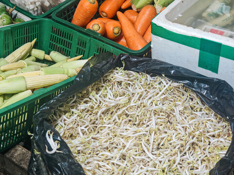 a pile of fresh organic raw bean sprouts alongside baby corn and carrots at a traditional Asian fresh food market display targeting commercial food styling layout, healthy vegetarian
