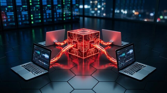 Central glowing cube connected by red energy beams to surrounding laptops symbolizing data processing, technological innovation, network connectivity and digital information exchange.