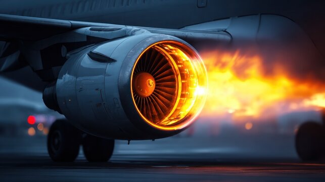 Airplane engine blasting flame during takeoff