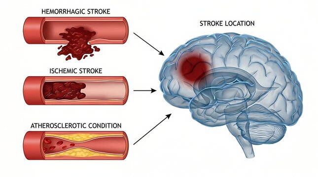 Brain stroke types and vascular pathophysiology medical illustration