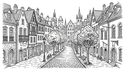 Charming European Street Scene with Cobblestones and Old Buildings © ghina