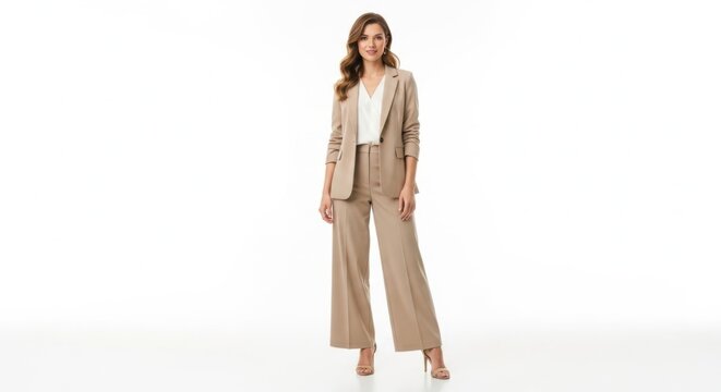 Young woman in beige suit standing and smiling