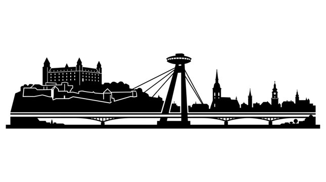 Bratislava Skyline Silhouette - Castle, Bridge, and Old Town Buildings