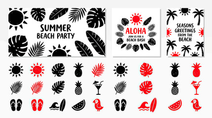 Summer Beach Party Aloha Vibes Tropical Leaves Sun and Surf Elements © ghina