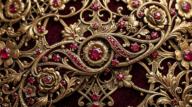 Ornate gold filigree with rubies on velvet