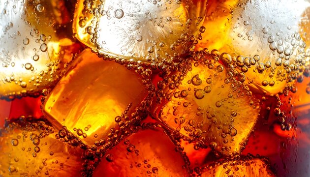 Macro view of refreshing cola soft drink with ice cubes and sparkling gas bubbles in a glass