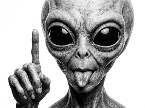 Extraterrestrial Humor. Alien portrait with tongue out and finger raised, UFO day celebration, science fiction character concept for creative projects.