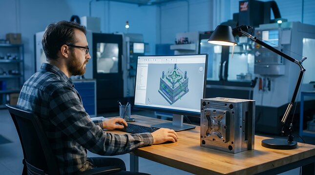 Engineer using computer aided design software to design plastic injection mold on desktop computer in manufacturing workshop with CNC machines and robots in background.