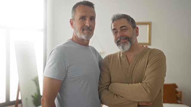 Man holds partner's hand and embraces while smiling in a residential building, gentle touch and eye contact; affection warmth.