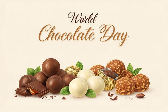 World chocolate day greeting card design with delicious assorted cocoa truffles pralines and green leaves for a sweet celebration of tasty milk and dark chocolate treats