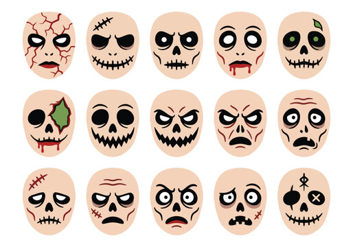 Halloween zombie face makeup clipart sheet featuring scary undead facial features for spooky designs