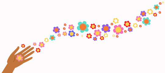 Playful vector illustration of a hand releasing colorful flowers in a curved trail. Spring, nature, creativity and positive energy concept © Kakigori Studio