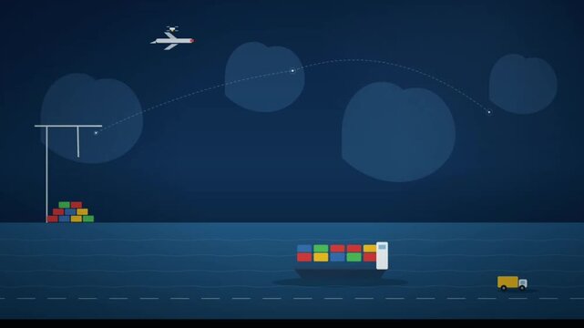 A cargo ship and a truck transport colorful containers at night under a flying airplane.