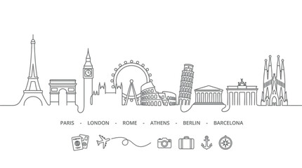Famous European City Skylines and Travel Icons - Vector Line Art © Giesel