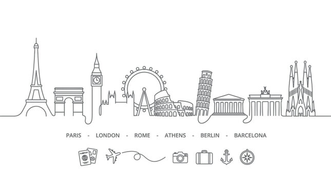 Famous European City Skylines and Travel Icons - Vector Line Art