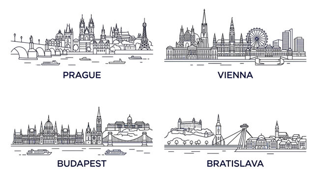 European City Skylines: Prague, Vienna, Budapest, Bratislava Line Art
