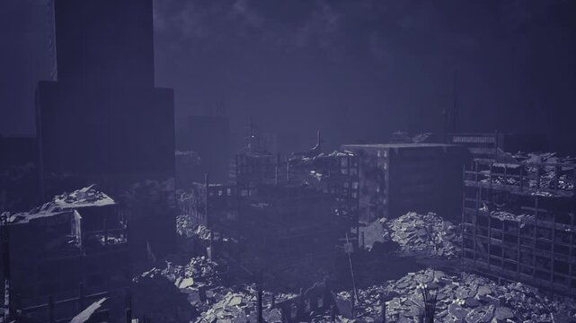 Crumbling industrial blocks beneath smoky skyline, collapsed facades and twisted metal, potential salvage points among heaps of concrete, gritty textures