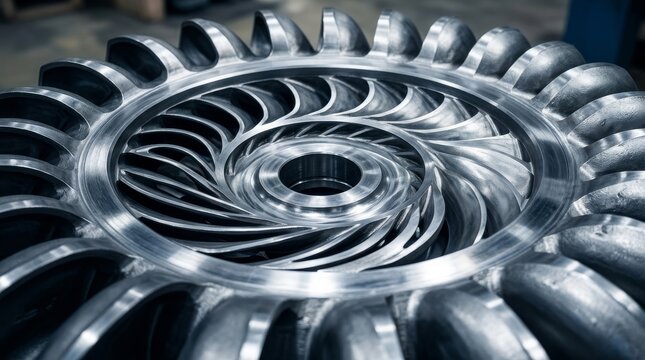 Close up of a large, intricate metal Francis turbine for hydropower generation
