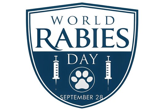 World rabies day emblem featuring a professional blue shield design with white text icons of medical syringes and a cute animal paw print celebrating the global awareness event occurring annually