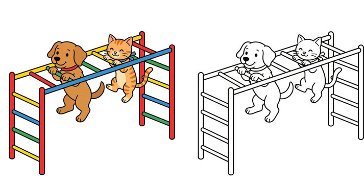 Cartoon Cat and Dog Playing on Monkey Bars Playground