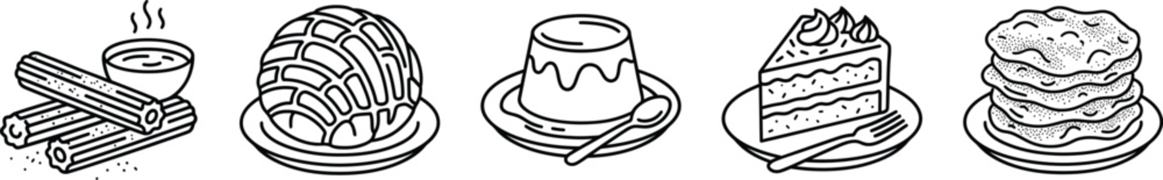 Mexican Dessert Icon Set Monoline Outline Churros Concha Flan Tres Leches Bunuelos