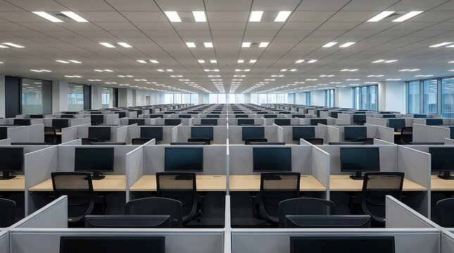 Huge office interior filled with thousands of identical cubicles and computer desks stretching into distance under uniform ceiling lights a vast modern corporate environment.