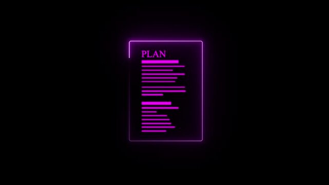 Neon glowing business plan document animation, digital strategy concept, minimalist purple outline for corporate checklist task goal, objective vision mission abstract isolated black background.