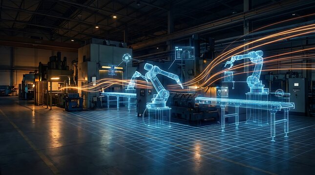 Futuristic factory automation with glowing digital wireframe robotic arms on production line, advanced manufacturing technology, industrial innovation, smart factory concept.