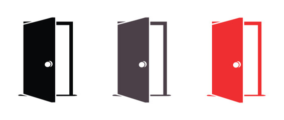 Set of Three Open Doors. A collection of three stylized, open doors in distinct colors - black, gray, and red - stands as a visual metaphor for opportunities and choices. © Vector By Kolpona