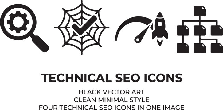Technical seo icons magnifying glass check mark spider web rocket chart diagram rocket launch performance indicator.