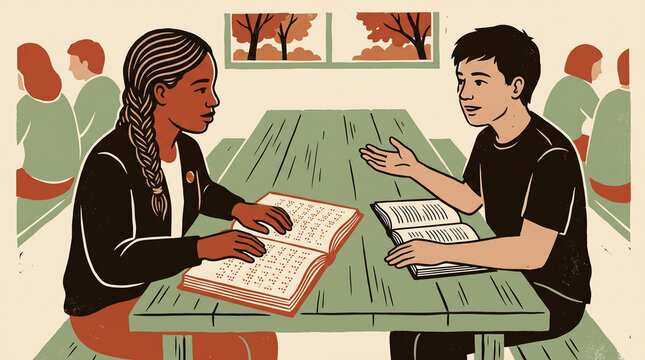 Blind teenager reading braille textbook beside sighted classmate