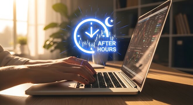 After hours stock trading on laptop computer