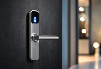 Naklejka premium Modern metallic door handle on secure wooden door with soft bokeh background, representing security, smart access, hospitality, architecture, privacy, technology, safety, and contemporary design.