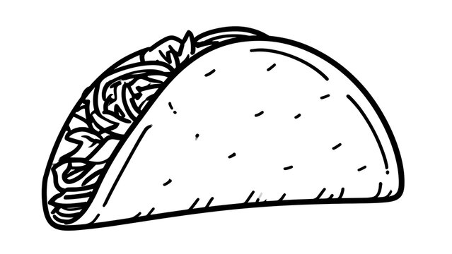 Black and white line art illustration of a hard shell taco.