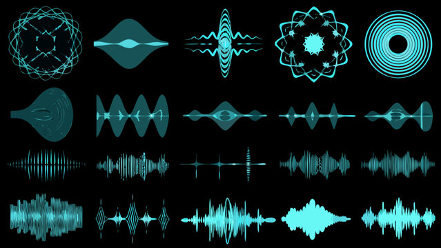 Collection Of Teal Audio Waveforms And Sound Visualizations On A Black Background waveform wave pattern acoustic signal
