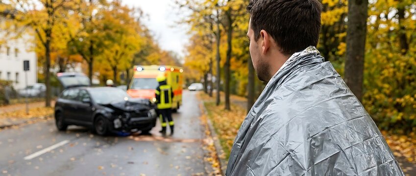 man wrapped in emergency blanket at car accident scene with emergency services present.