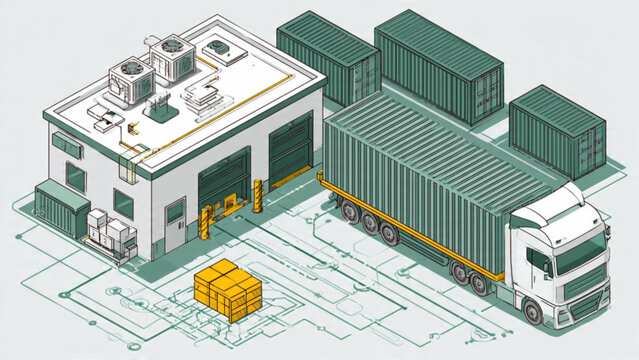 isometric freight warehouse with loading dock and cargo containers in green and white colors for logistics and transportation concepts