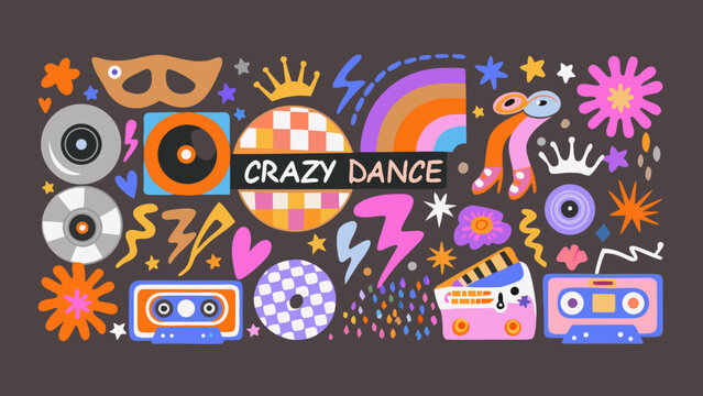 Retro dance party illustration featuring colorful shapes musical elements and a stylized mask design 1970s abstract audio