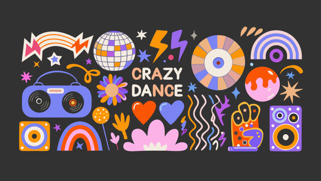 Retro disco party vector illustration featuring speakers rainbows and a glittering disco ball 1970s audio boombox bright
